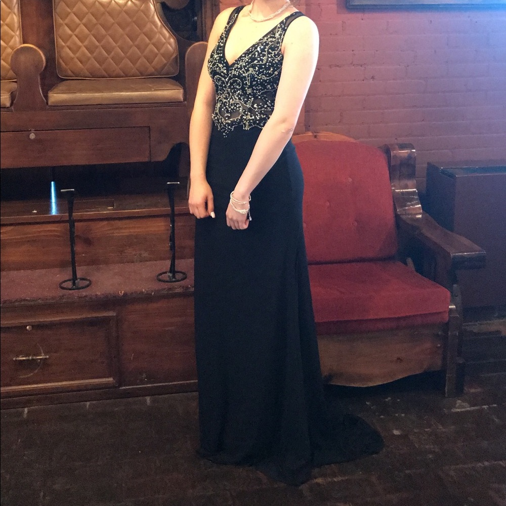 Long prom dress, beaded bodice.
